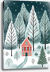 Постер Лариса Ермолаева Новогодняя иллюстрация с домиком в лесу