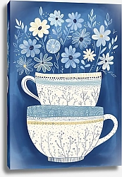 Постер Лариса Ермолаева Иллюстрация с чашками и цветами на синем фоне