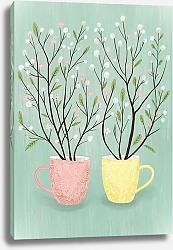 Постер Лариса Ермолаева Иллюстрация с весенними цветущими деревьями и чашками