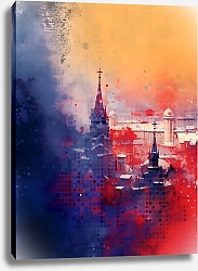 Постер Alina Fayzi Яркий городской пейзаж акварелью в синих, красных и оранжевых цветах