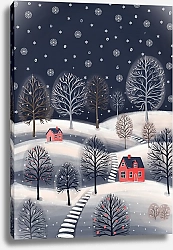 Постер Лариса Ермолаева Зимний ночной пейзаж с красными домиками