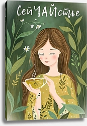 Постер Лариса Ермолаева Иллюстрация с надписью. СейЧАЙстье. Девушка с чашкой чая.