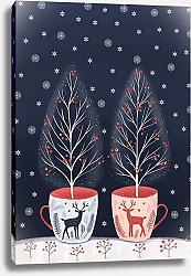 Постер Лариса Ермолаева Кружки с оленями с зимними деревьями тёмный фон