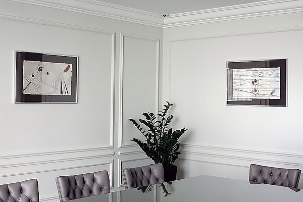 Две картины с абстракциями с паспарту под стеклом в интерьере офиса