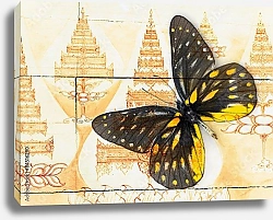 Постер Чёрно-жёлтая бабочка с орнаментом на стене
