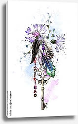 Постер Ключ с цветами и перьями