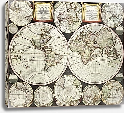 Постер Old double emisphere map of the world surrounded by smallest emispheric projections. Created by Care
