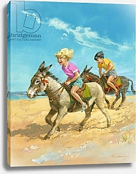 Постер Сид ван дер (дет) Boy and girl riding donkeys on the beach