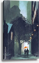 Постер Пара с красным зонтом в дождь на улице