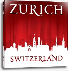 Постер Цюрих, Швейцария. Силуэт города на красном фоне
