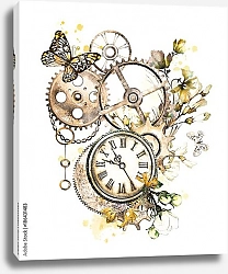 Постер Стимпанк часовой механизм с цветами и бабочками