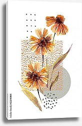 Постер Акварельные цветы и листья с квадратными формами