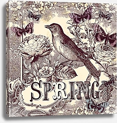 Постер Весна. Птица и бабочки в розах