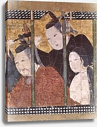 Постер Школа: Японская Two men and a woman behind an awning, detail from a screen, 15th-18th century