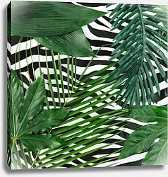Постер Тропические листья на фоне текстуры зебры