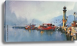 Постер Рыболовное судно в гавани туманным утром