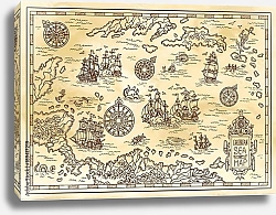 Постер Древняя карта пиратов Карибского моря с кораблями, островами и фантастическими существами