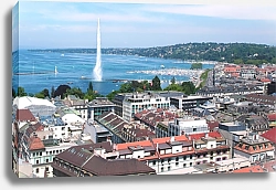 Постер Швейцария, Женева. Вид на город, фонтан и озеро