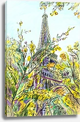 Постер Эйфелева башня и жёлтые цветы, скетч