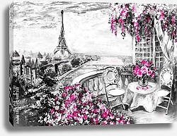 Постер Вид с балкона в розовых цветах на Эйфелеву башню