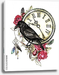 Постер Иллюстрация с вороной, красными розами, часами, ключами и перьями