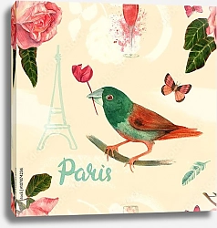 Постер Винтажная открытка с птицей, розами и бабочкой