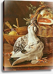 Постер Мелендес Луис Still Life with pigeons, wicker basket, ham, onions and a lemon
