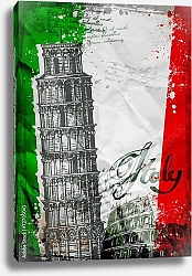 Постер Пизанская башня и Колизей на фоне флага