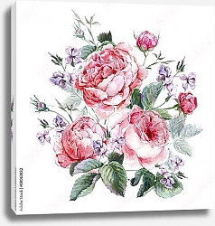 Постер Акварельный букет из розовых роз и фиолетовыми цветками