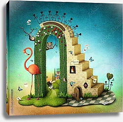 Постер Иллюстрация с лестницей и зеленой аркой