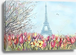 Постер Эйфелева башня и тюльпаны, скетч 3