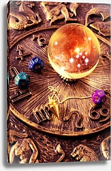 Постер Маятник, хрустальный шар, астрологические кости, лежащие на зодиакальном круге