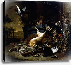 Постер Виникс Ян Still Life of Game including a Hare, Black Grouse and Partridge, a Spaniel looking on with a Pigeon in Flight