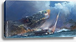 Постер Цифровой морской пейзаж, буря и яхта