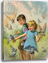 Постер Сид ван дер (дет) Boy and girl with pigeons