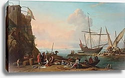 Постер Манглар Адриан A Mediterranean harbour with stevedores unloading their ships, figures selling fish in the foreground by a fortress