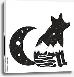Постер Силуэт лисы с дорогой, горами и лесом под звездным небом
