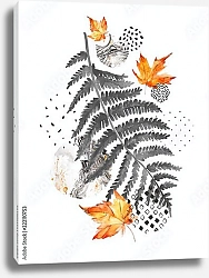 Постер Современная композиция из акварельных осенних листьев и геометрических форм 
