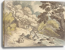 Постер Роуландсон Томас Landscape with rushing stream and a couple on the bank, frightened by a snake