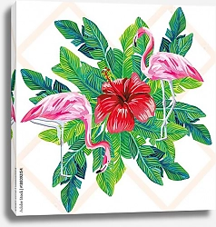 Постер Фламинго и гибискус в пальмовых листьях