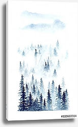 Постер Акварельный зимний пейзаж леса в тумане