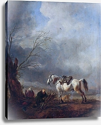 Постер Вауверман Филипс Белая лошадь и престарелый мужчина, связывающий дрова
