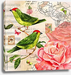 Постер Коллаж с розами, птицами, бабочками и почтовыми марками