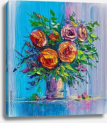 Постер Букет роз в вазе на голубом
