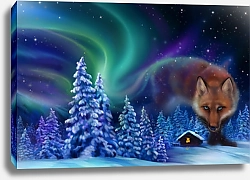 Постер Лиса и северное сияние над зимним лесом