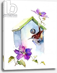 Постер Килинг Джон (совр) Wren with birdhouse and clematis, 2016,