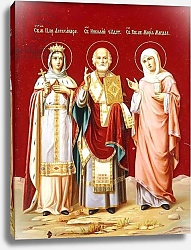 Постер Школа: Русская 18в. An icon painted on glass depicting Saint Nicholas, Saint Alexandra and Mary Magdalene, c.1900