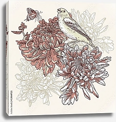 Постер Пышные цветы с птицей и бабочкой