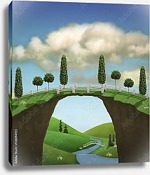 Постер Сказочный пейзаж с мостиком и речкой