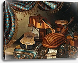 Постер Школа: Бергамо Musical instruments, music scores and books on a table draped with a carpet